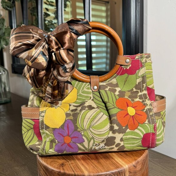 Relic Handbags - Relic (Fossil) Floral Canvas Tote — Round Wood Handles + Perry Ellis Scarf